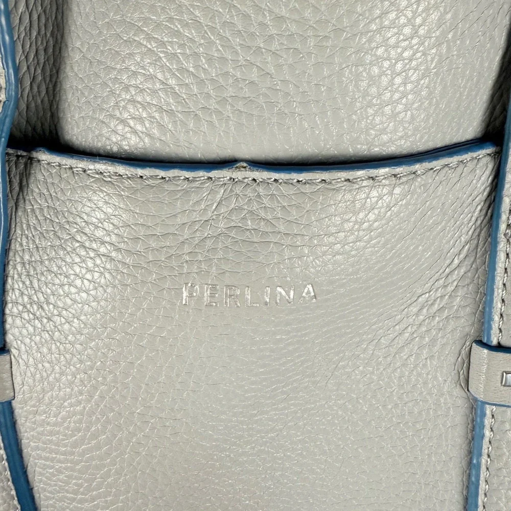 Perlina Gray Leather Satchel Shoulder Bag Blue‎ Trim Y2K